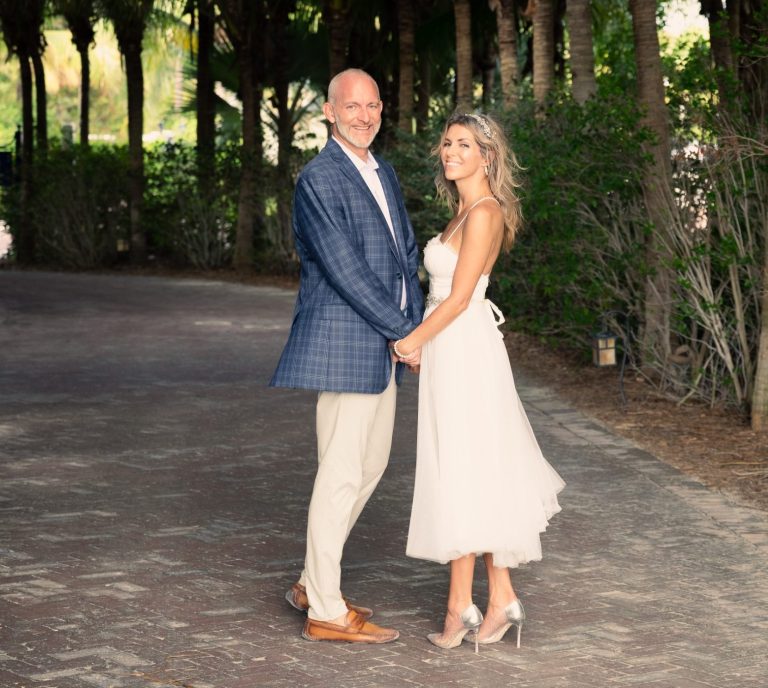 Bride & Groom standing together on a pathway in Key Largo, Florida